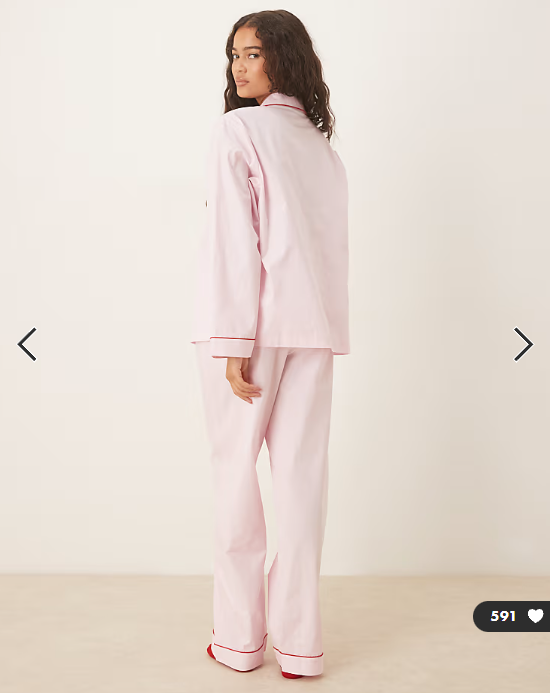 ASOS DESIGN woven shirt & wide leg pyjama set in pink with contrast piping in red