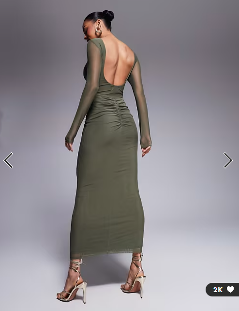 ASOS DESIGN mesh long sleeve slash neck open back maxi dress with sash in khaki