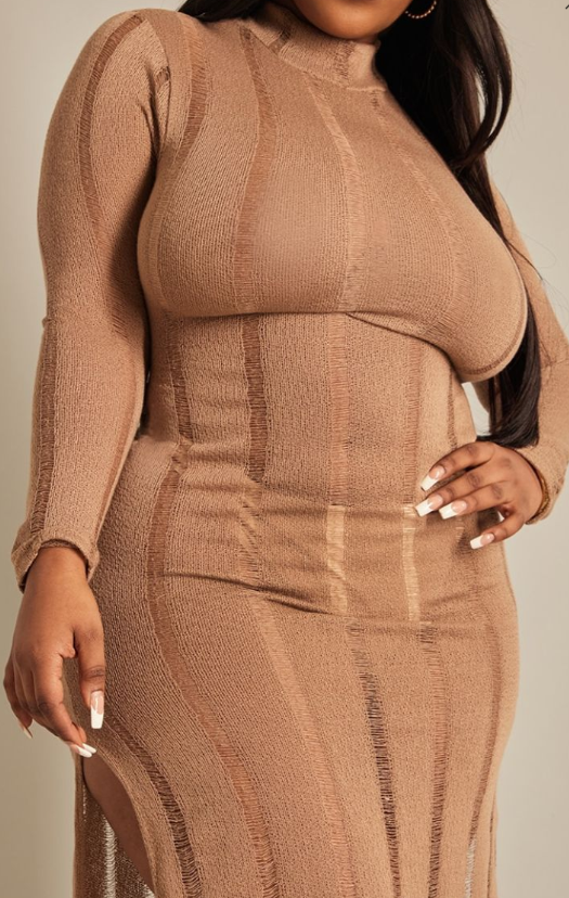 Plus Oatmeal Distressed Long Sleeve Midi Dress