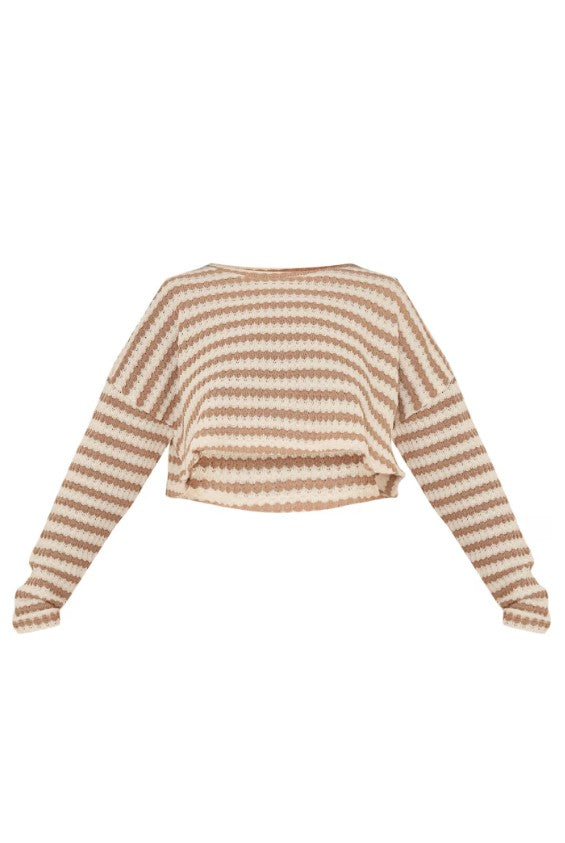 Taupe Stripe Textured Rib Oversized Crop Top