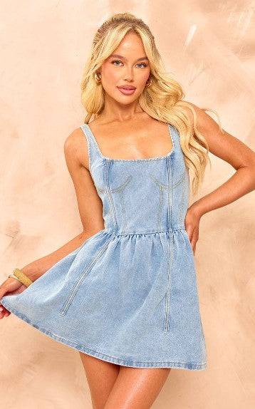 Light Blue Wash Denim Contrast Stitch Corset Skater Dress