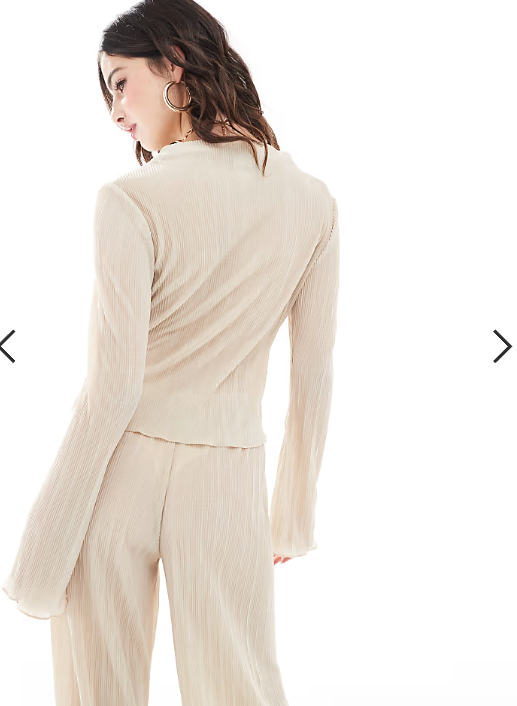 ASOS DESIGN plisse long sleeve top with fluted sleeves co ord in champagne