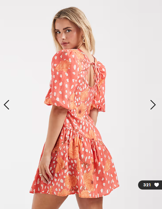 Never Fully Dressed Petite Poppy puff sleeve mini dress in coral spot floral print
