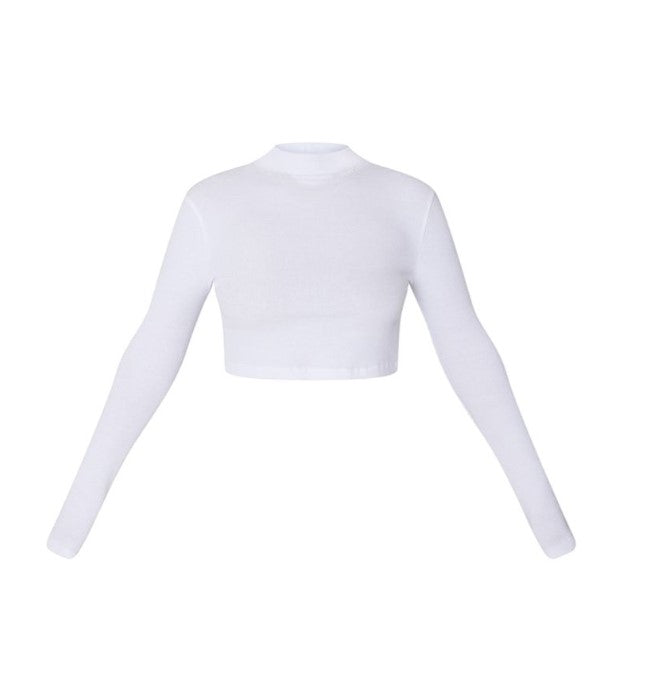 White Basic Soft Ribbed High Neck Long Sleeve Crop Top