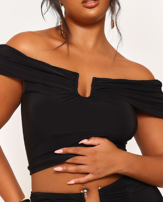 Plus Black Slinky Gold Trim Detail Bardot Top