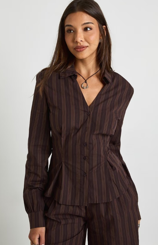 Boohoo Mixed Stripe Fitted Shirt - chocolate