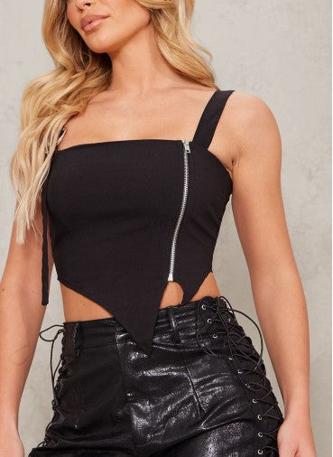 BLACK STRETCH WOVEN ZIP SIDE HARDWARE DETAIL TOP