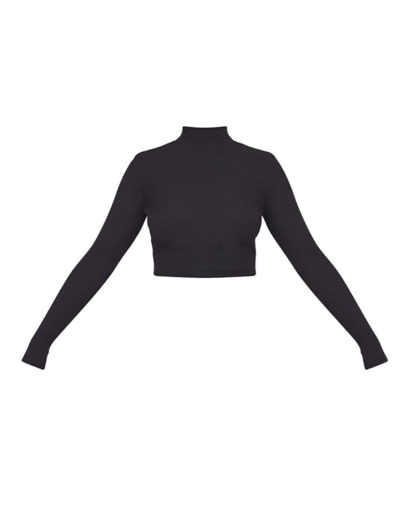 Recycled Black Rib High Neck Long Sleeve Crop