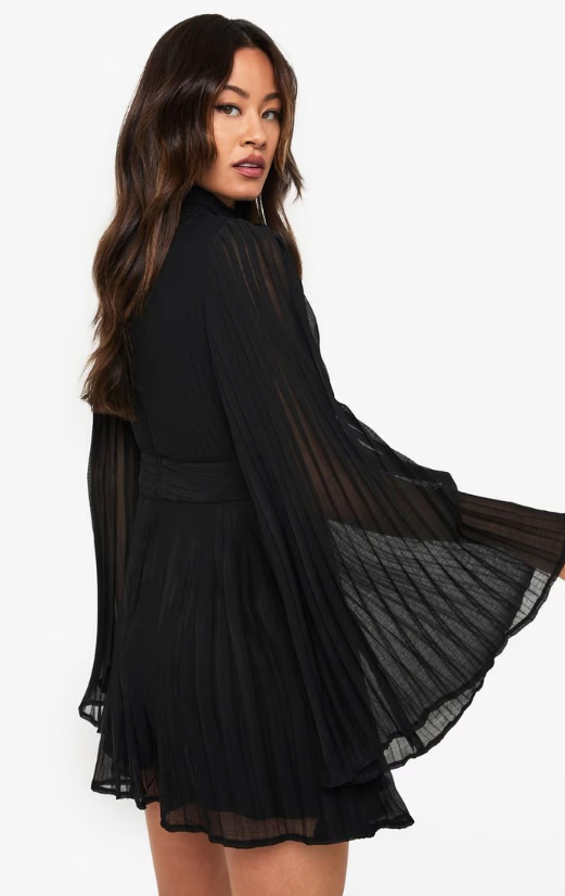 Boohoo Tall Pleated Chiffon High Neck Flare Sleeve Mini Dress - black
