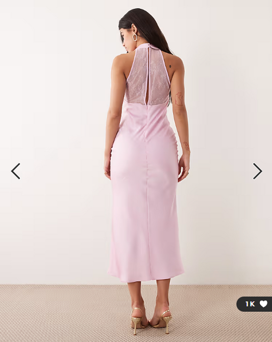 Kaiia exclusive satin high cowl neck lace back detail maxi dress in baby pink