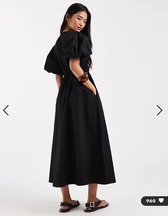 New Look puff sleeve v neck midi dress in black