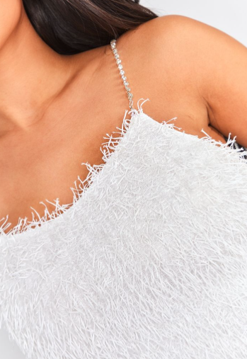Petite White Faux Feather Glitter Mini Dress