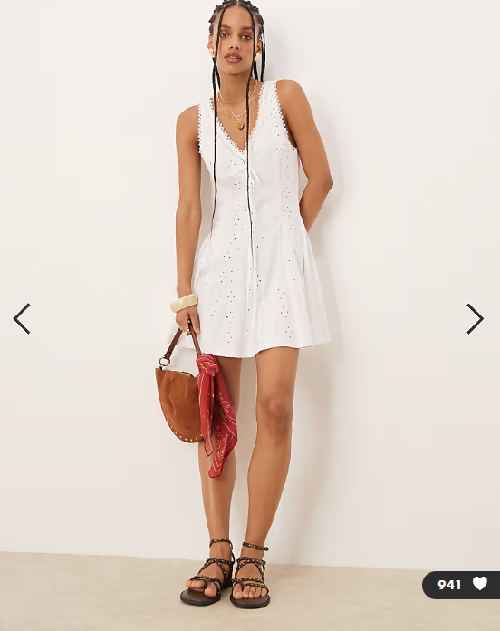 ASOS DESIGN broderie sleeveless v neck swing mini dress in white