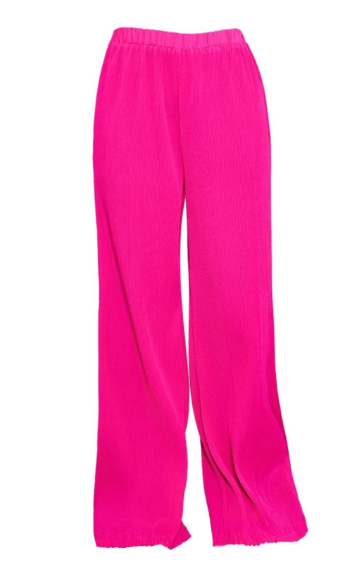 Hot Pink Plisse High Waisted Wide Leg Trousers