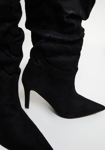 Black Burnished Faux Suede Ruched Mid High Heeled Knee Boots