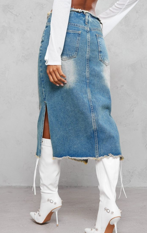 Vintage Wash Side Split Raw Hem Denim Midi Skirt