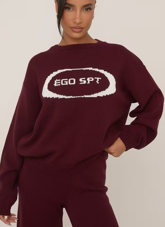 Long Sleeve 'Ego Sport' Oversized Jumper & trousers in burgundy knit SET