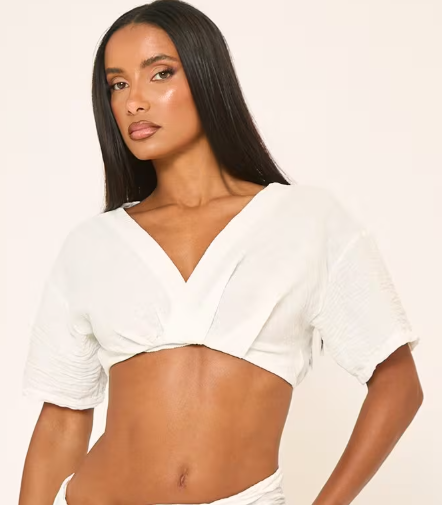 Ego - Short Sleeve Plunge Front Top In White Linen