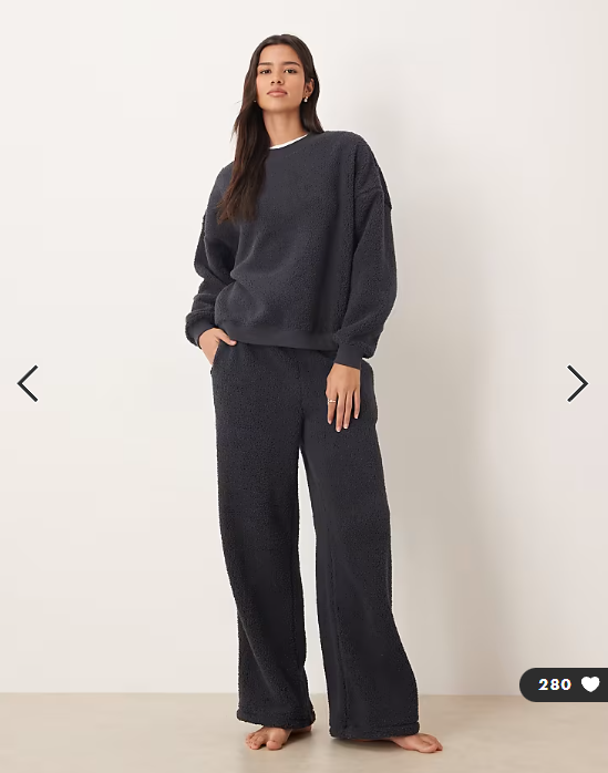 ASOS DESIGN lounge cuddle crew neck sweat & wide leg trouser set in inky blue