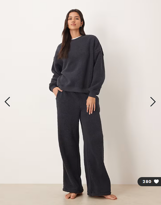 ASOS DESIGN lounge cuddle crew neck sweat & wide leg trouser set in inky blue