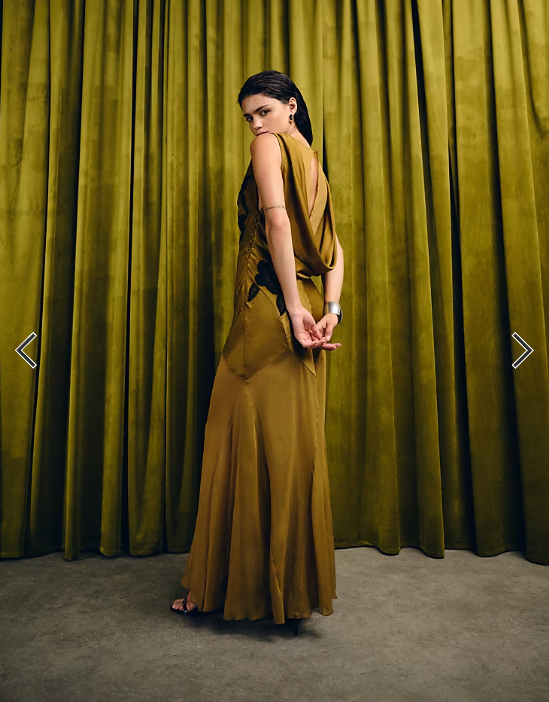 ASOS DESIGN satin drape back lace applique maxi dress with godets in cinnamon