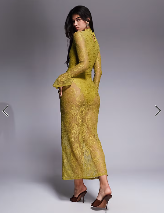 ASOS DESIGN high neck lace midi dress with asymmetric fluted sleeve cuffs in chartreuse