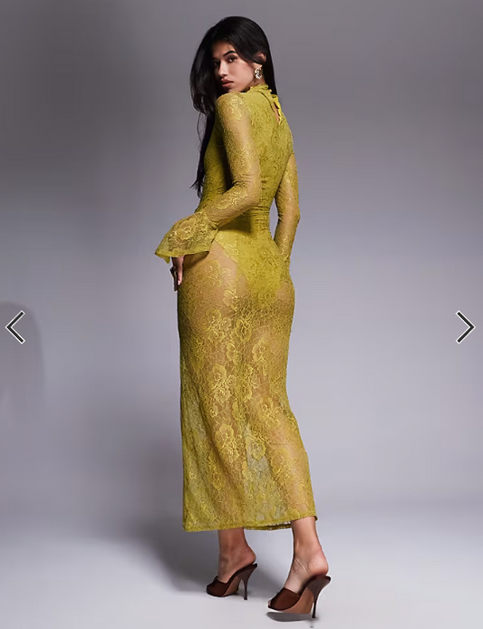 ASOS DESIGN high neck lace midi dress with asymmetric fluted sleeve cuffs in chartreuse