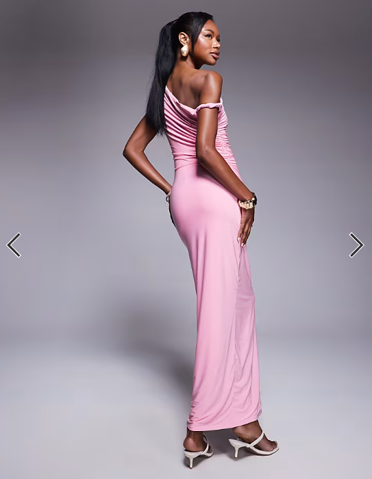 Kaiia exclusive double layered slinky bodycon off shoulder twist strap maxi dress in light pink