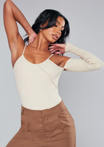 Oatmeal Rib Overlock Seam One Shoulder Bodysuit