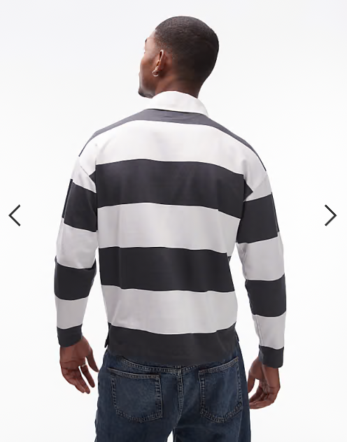 Topman relaxed fit striped polo shirt with woven collar in charcoal