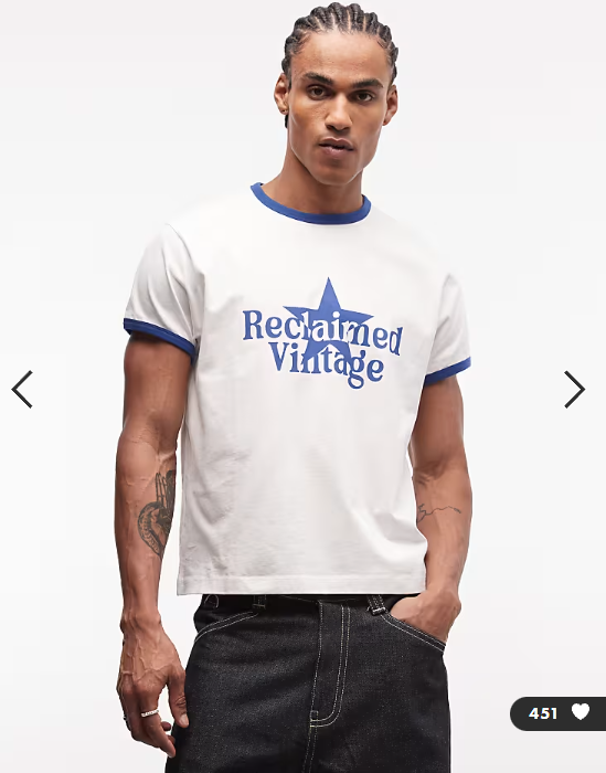 Reclaimed Vintage ringer tee with star print in white and navy blue