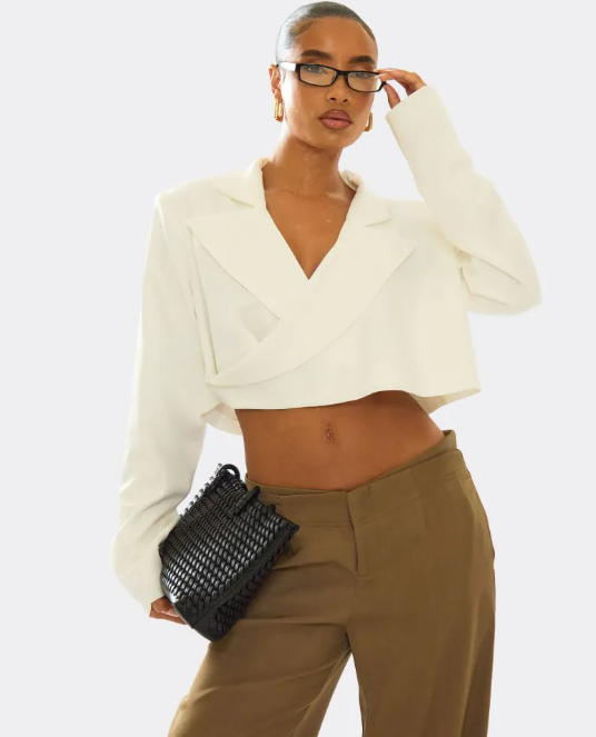 Long Sleeve Oversized Wrap Cropped Blazer In Cream