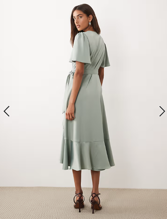 YAS satin wrap midi dress in sage green