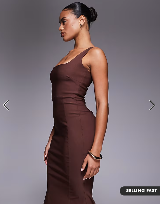 Vesper bengaline sleeveless square neck fishtail midi dress in chocolate brown