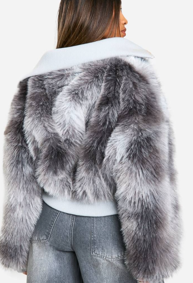 Plt ombre shaggy faux fur zip up jacket grey