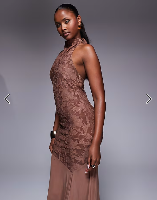 ASOS DESIGN highneck maxi dress with sheer skirt in brown