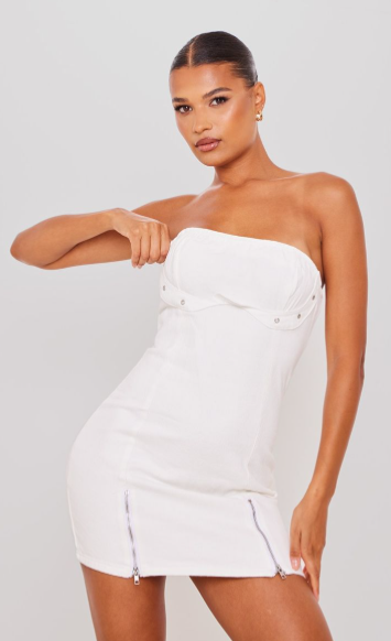 Ecru Zip Detail Denim Mini Dress