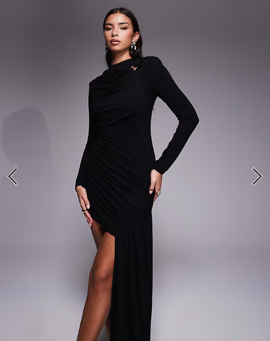 ASOS DESIGN long sleeve drape mini dress with gold trim and sash detail in black