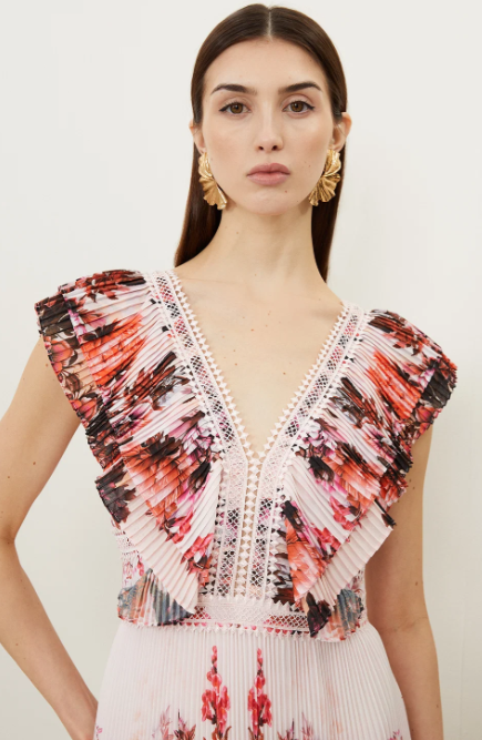 Karen Millen Mirrored Floral Print Pleated Woven Sleeveless Maxi Dress