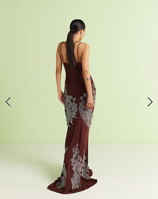 ASOS DESIGN square neck artwork floral hotfix maxi dress with fringe embellishment in chocolate