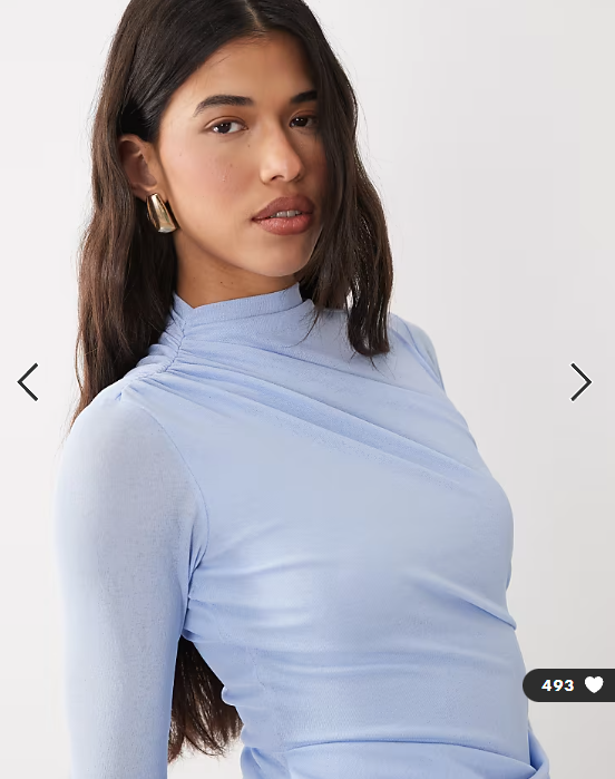 ASOS DESIGN ruched mesh high neck long sleeve midi dress in light blue