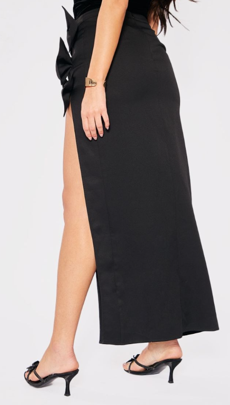Black Woven Bow Thigh Detail Maxi Skirt