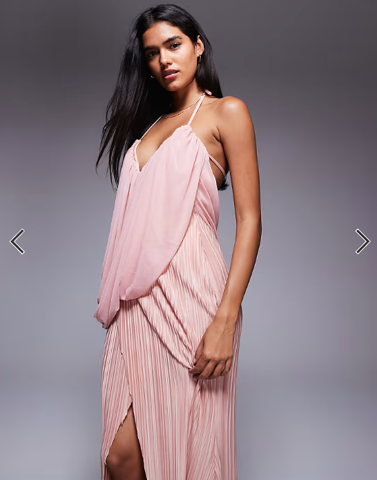 ASOS DESIGN Premium plisse drape maxi dress with cross strap neckline in light pink