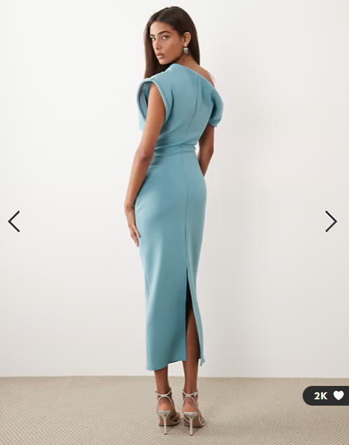 ASOS DESIGN asymmetric off shoulder midi dress in blue scuba-style fabric