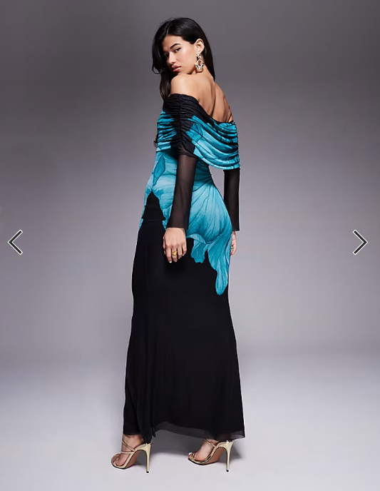 AFRM stretch mesh off the shoulder teal flower maxi dress in black