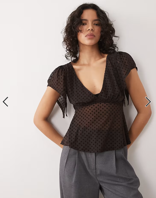 ASOS DESIGN flocked flutter sleeve top in chocolate