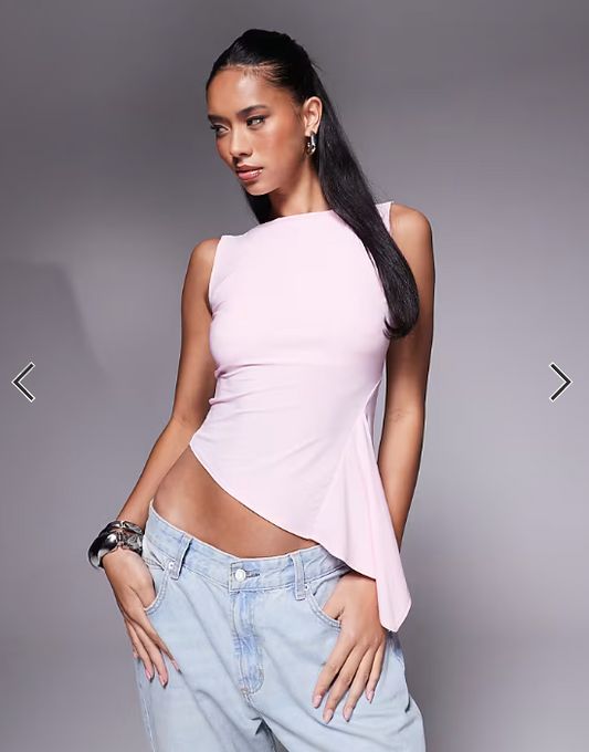 ASOS DESIGN slash neck top with ruffle godet detail in pastel pink