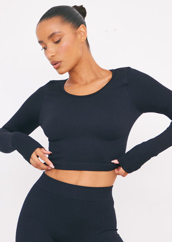 Black Structured Snatched Ribbed Round Neck Long Sleeve Crop Top