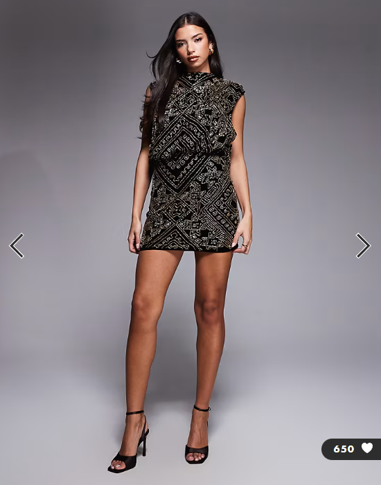 ASOS DESIGN velvet cowl neck all over embellished mini dress in black