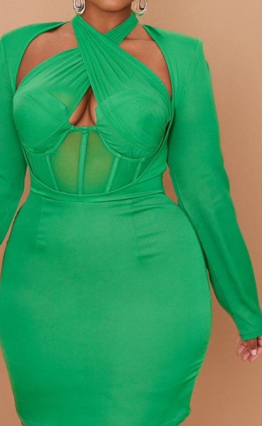 Plus Bright Green Premium Corset Cross Front Bodycon Dress